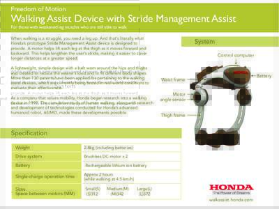 Freedom of Motion  Walking Assist Device with Stride Management Assist For those with weakened leg muscles who are still able to walk When walking is a struggle, you need a leg up. And that’s literally what Honda’s p