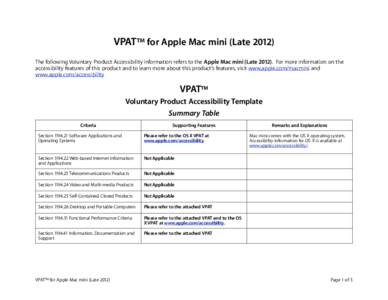 VPAT™ for Apple Mac mini (Late[removed]The following Voluntary Product Accessibility information refers to the Apple Mac mini (Late[removed]For more information on the accessibility features of this product and to learn m
