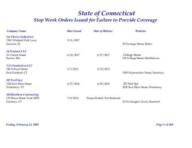 State of Connecticut Stop Work Orders Issued for Failure to Provide Coverage Company Name Date Issued