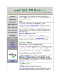 August 2016 EMAP Newsletter  News from Pennsylvania SBDC Environmental Management Assistance Program EMAP Resources