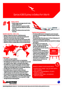 Qantas A380 Sydney to Dallas/Fort Worth WORLD FIRSTS –	World’s largest passenger aircraft on the world’s longest route. –	World’s first airline to operate an A380 between Sydney and Dallas/Fort Worth,