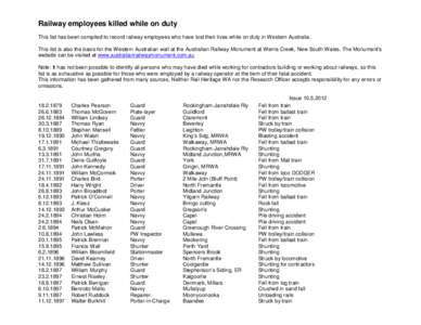 Railway employees killed while on duty This list has been compiled to record railway employees who have lost their lives while on duty in Western Australia. This list is also the basis for the Western Australian wall at 