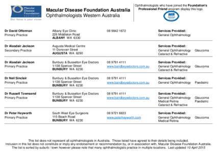 Macular Disease Foundation Australia Ophthalmologists Western Australia Dr David Offerman Primary Practice