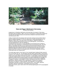 Rainforest Dean and Ziggy’s Rainforest in Burrawang By Dean Pryke Abertillery Establishment of Abertillery Rainforest commenced after the property in Dale Street, Burrawang was purchased inI now live on the prop