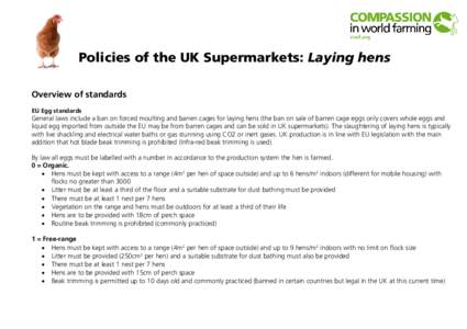 Policies of the UK Supermarkets: Laying hens Overview of standards EU Egg standards General laws include a ban on forced moulting and barren cages for laying hens (the ban on sale of barren cage eggs only covers whole eg