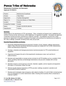 Ponca Tribe of Nebraska Maintenance Coordinator Job Description ApprovedPosition:  Maintenance Coordinator