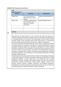 EUROMATSymposia Structure/Area B Title: Bulk Metallic Glasses Organizer Jürgen Eckert