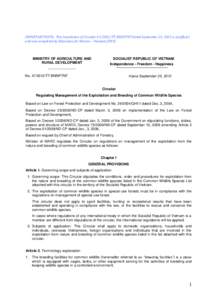 IMPORTANT NOTE: This translation of CircularTT-BNNPTNT dated September 25, 2012 is unofficial and was completed by Education for Nature – Vietnam (ENV) MINISTRY OF AGRICULTURE AND RURAL DEVELOPMENT