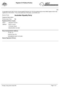 Extract from the Register of Political Parties for the Australian Equality Party