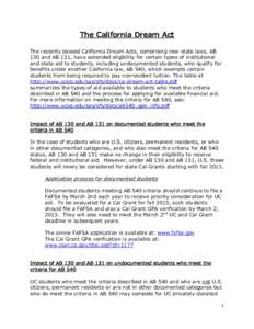 The California Dream Act The recently passed California Dream Acts, comprising new state laws, AB 130 and AB 131, have extended eligibility for certain types of institutional and state aid to students, including undocume
