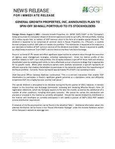 Microsoft Word - NEWS RELEASE[removed]GGP Announces Plan to Spin-off 30-mall Portfolio to its Stockholders