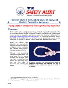 Towline Failure is the Leading Cause of Injury and Death in Parasailing Accidents Tying knots in the towline may significantly weaken it The problem Towline failure is the leading cause of injury and death in parasailing