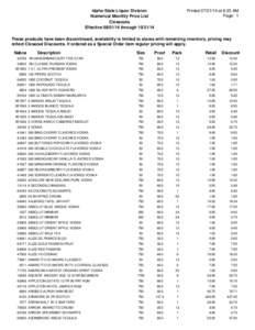 Printed[removed]at 9:23 AM Page: 1 Idaho State Liquor Division Numerical Monthly Price List Closeouts