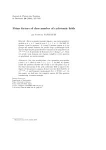 Journal de Th´eorie des Nombres de Bordeaux), 525–530 Prime factors of class number of cyclotomic fields par Tetsuya TANIGUCHI ´sume