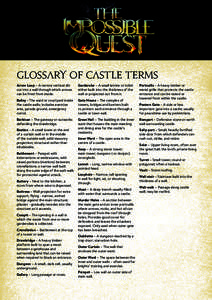 Glossary of Castle Terms Arrow Loop – A narrow vertical slit cut into a wall through which arrows can be fired from inside.  Garderobe – A small latrine or toilet