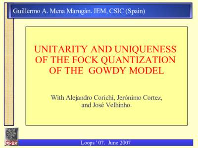 Guillermo A. Mena Marugán. IEM, CSIC (Spain)  UNITARITY AND UNIQUENESS OF THE FOCK QUANTIZATION OF THE GOWDY MODEL With Alejandro Corichi, Jerónimo Cortez,