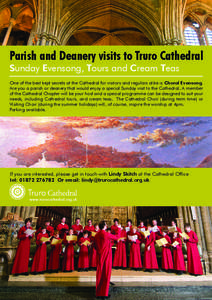 Parish and Deanery visits to Truro Cathedral Sunday Evensong, Tours and Cream Teas