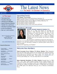 from The West I-10 Chamber of Commerce Aug 16, 2016 In This Issue  Upcoming Events  President’s Message