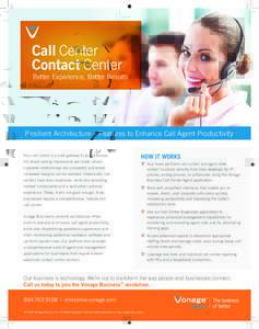 Better Experience, Better Results  Resilient Architecture – Features to Enhance Call Agent Productivity Your call center is a vital gateway to your business. It’s where lasting impressions are made, where