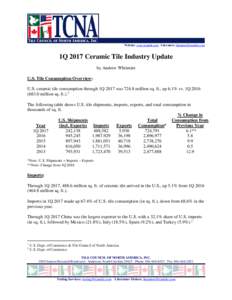 Website: www.tcnatile.com . Literature:   1Q 2017 Ceramic Tile Industry Update by Andrew Whitmire U.S. Tile Consumption Overview: U.S. ceramic tile consumption through 1Q 2017 wasmillion sq.