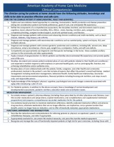 American Academy of Home Care Medicine Clinical Competencies The clinician caring for patients at home should have the following attitudes, knowledge and skills to be able to practice effective and safe care: CARE FOR TH