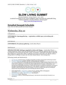 SLOW LIVING SUMMIT, Brattleboro, Vt., May 30-June 1, 1012  A national convening of cross-sector intelligence, ideas and action for sustainable living “Common interests, common solutions, common good” http://www.slowl