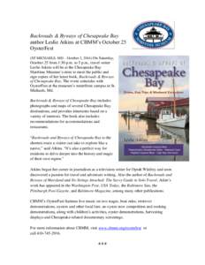 Backroads & Byways of Chesapeake Bay author Leslie Atkins at CBMM’s October 25 OysterFest (ST MICHAELS, MD – October 2, 2014) On Saturday,  October 25 from 1:30 p.m. to 5 p.m., travel writer