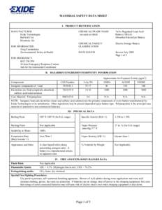 MATERIAL SAFETY DATA SHEET I. PRODUCT IDENTIFICATION MANUFACTURER Exide Technologies Barfield Cres Elizabeth, SA