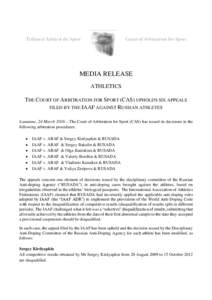 Tribunal Arbitral du Sport  Court of Arbitration for Sport MEDIA RELEASE ATHLETICS