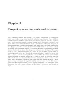 Chapter 3 Tangent spaces, normals and extrema If S is a surface in 3-space, with a point a ∈ S where S looks smooth, i.e., without any fold or cusp or self-crossing, we can intuitively define the tangent plane to S at 