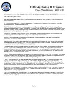 F-35 Lightning II Program Public Affairs Release – [removed]H I L L S E L E C T E D