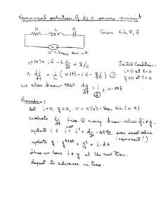 Numerical solver for a simple RLC circuit  Initial conditions: time, t