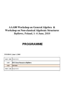 AAA80 Workshop on General Algebra & Workshop on Non-classical Algebraic Structures Będlewo, Poland, 1- 6 June, 2010