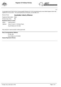 Extract from the Register of Political Parties for Australian Liberty Alliance