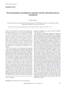 c Indian Academy of Sciences  PERSPECTIVES  Personal genomes, participatory genomics and the anonymity-privacy