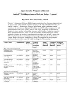 Space Security Programs of Interest in the FY 2010 Department of Defense Budget Proposal By Samuel Black and Victoria Samson This year’s Department of Defense (DOD) budget contains a number of projects that are relevan