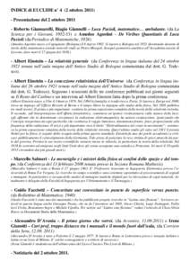 INDICE di EUCLIDE n° 4 (2 ottobrePresentazione del 2 ottobreRoberto Giannarelli, Biagio Giannelli – Luca Pacioli, matematico… ambulante. (da La Scienza per i Giovani, e Amedeo Agostini –