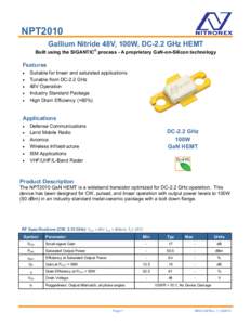 NPT2010 Gallium Nitride 48V, 100W, DC-2.2 GHz HEMT Built using the SIGANTIC® process - A proprietary GaN-on-Silicon technology Features 