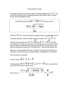 The Quadratic Formula  x 2