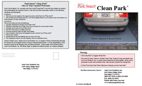 Park Smart Clean Park One (1) Year Limited Warranty ® ®
