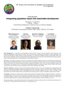 48th Session of the Commission on Population and DevelopmentApril 2015 Panel discussion  Integrating population issues into sustainable development