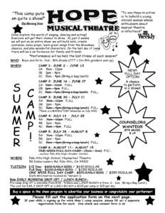 HOPE MUSICAL THEATRE - SUMMER 2014 Registration continued/Consent form I hereby give consent for my son/daughter: (print child’s name) ______________________________ to participate in Hope Musical Theatre 2014 seaso