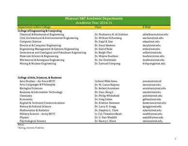 Missouri S&T Academic Departments Academic YearDepartment within College College of Engineering & Computing Chemical & Biochemical Engineering Civil, Architectural & Environmental Engineering