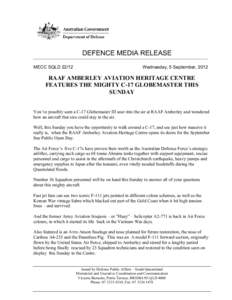 DEFENCE MEDIA RELEASE MECC SQLDWednesday, 5 September, 2012  RAAF AMBERLEY AVIATION HERITAGE CENTRE