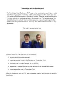 Trowbridge Youth Parliament The Trowbridge Youth Parliament (TYP), was set up several years ago to give a voice to all the young people in Trowbridge and its surrounding areas. It is made up of two Y5/6 representatives f