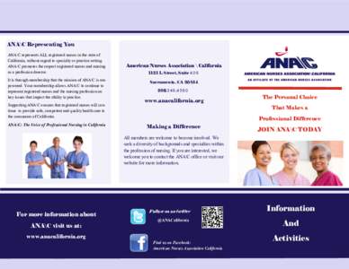 ANA\C Representing You ANA\C represents ALL registered nurses in the state of California, without regard to specialty or practice setting. ANA\C promotes the respect registered nurses and nursing as a profession deserve.