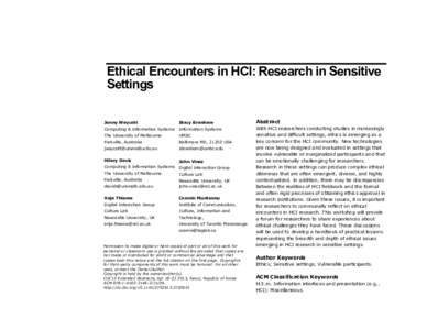Ethical Encounters in HCI: Research in Sensitive Settings Jenny Waycott Stacy Branham