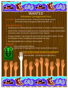 WANTED  Volunteer Campground Host Location: Sumter National Forest—Andrew Pickens Ranger District Whetstone Horse Campground (Mountain Rest, SC)