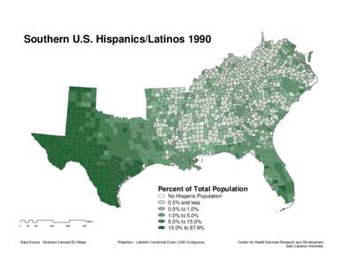 Southern U.S. Hispanics/LatinosPercent of Total Population Miles 0