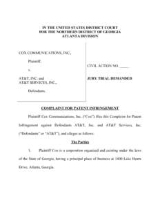 Case 1:15-cvAT Document 1 FiledPage 1 of 13  IN THE UNITED STATES DISTRICT COURT FOR THE NORTHERN DISTRICT OF GEORGIA ATLANTA DIVISION